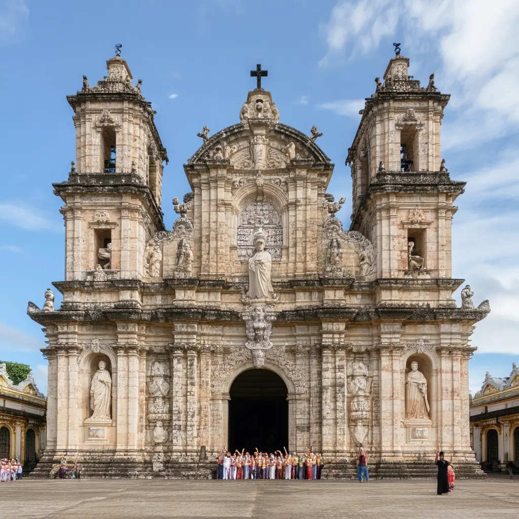 Basilica Minore del Santo Niño facade in Cebu, a weathered baroque coral-stone church with carved volutes and twin bell towers, devotees in the courtyard waving small images of the Santo Niño in warm afternoon light