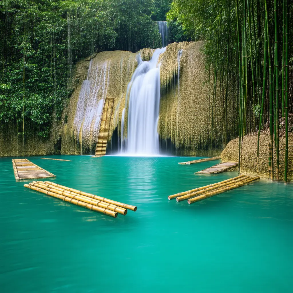 Kawasan Falls turquoise pools in Cebu, a three-tiered cascade falling into vivid blue-green basins surrounded by jungle, bamboo rafts on the lower pool in dappled green light through the canopy