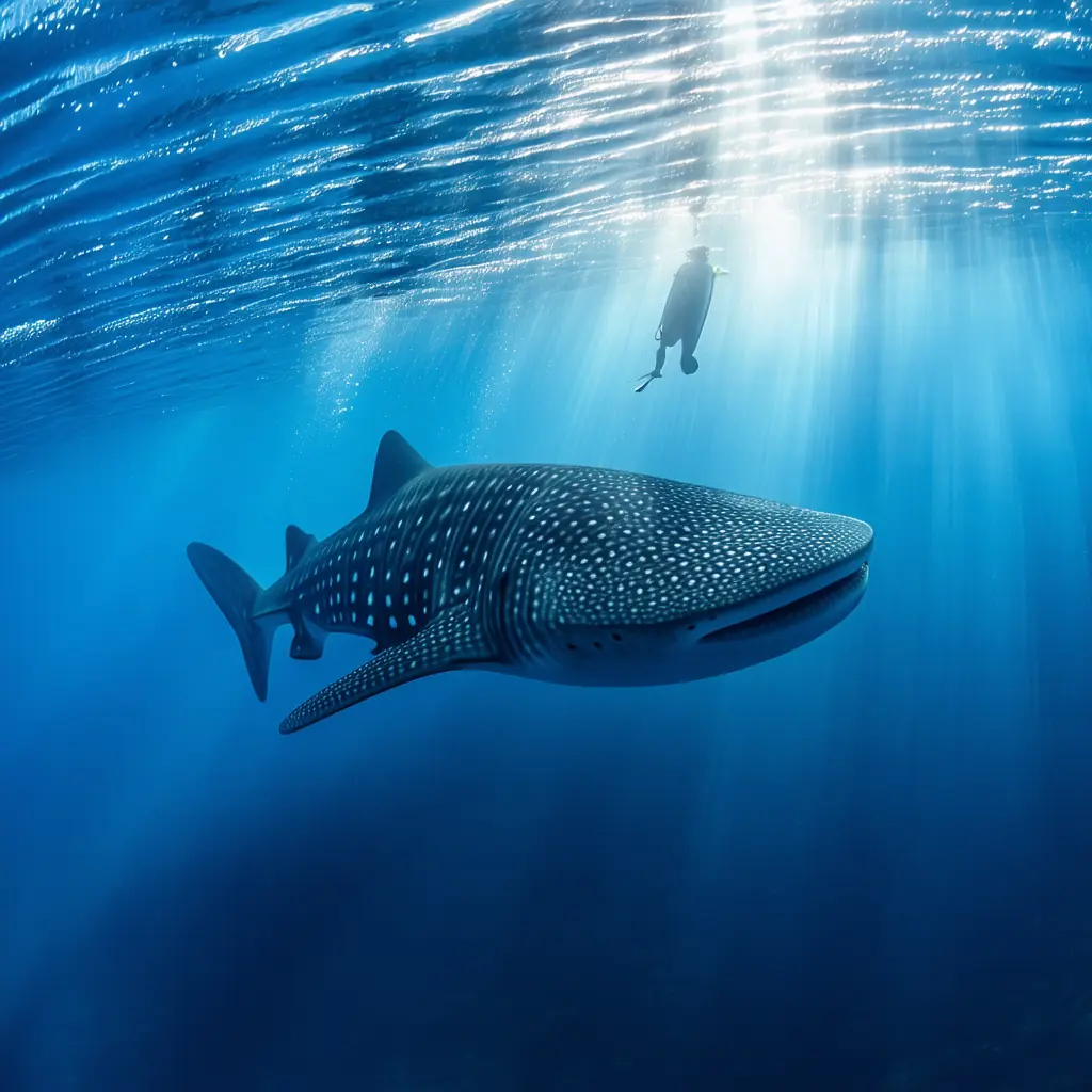 Oslob whale shark encounter in Cebu, a snorkeler swimming alongside a colossal spotted whale shark in clear blue water with sunbeams piercing the surface from above