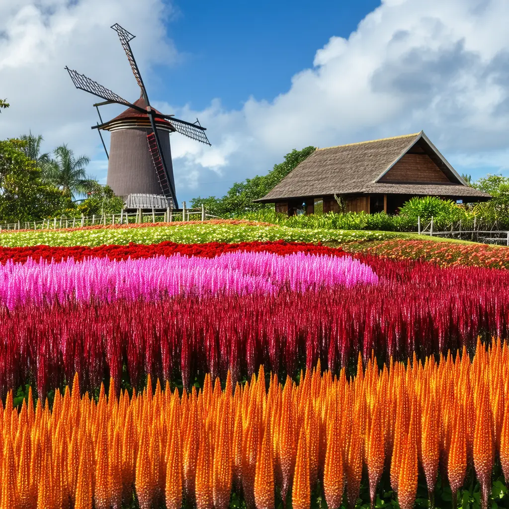 Sirao Flower Garden in Cebu, terraced rows of vivid celosia in red, orange, and pink with a Dutch-style windmill and traditional cottage backdrop under a blue sky with soft clouds