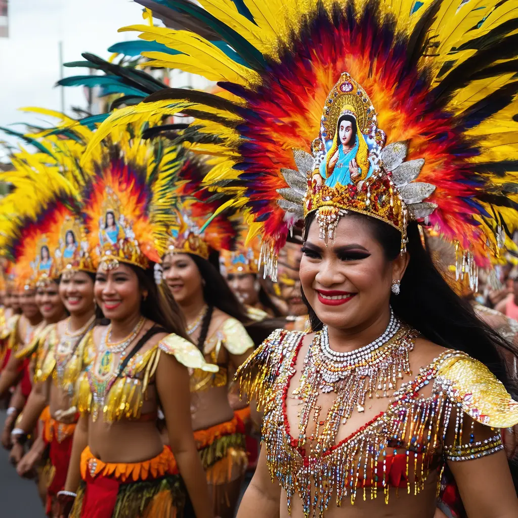 Sinulog Festival street dance in Cebu, dancers in vibrant feathered headdresses and beaded costumes performing in unison along a packed street, devotees waving Santo Niño images in vivid midday light