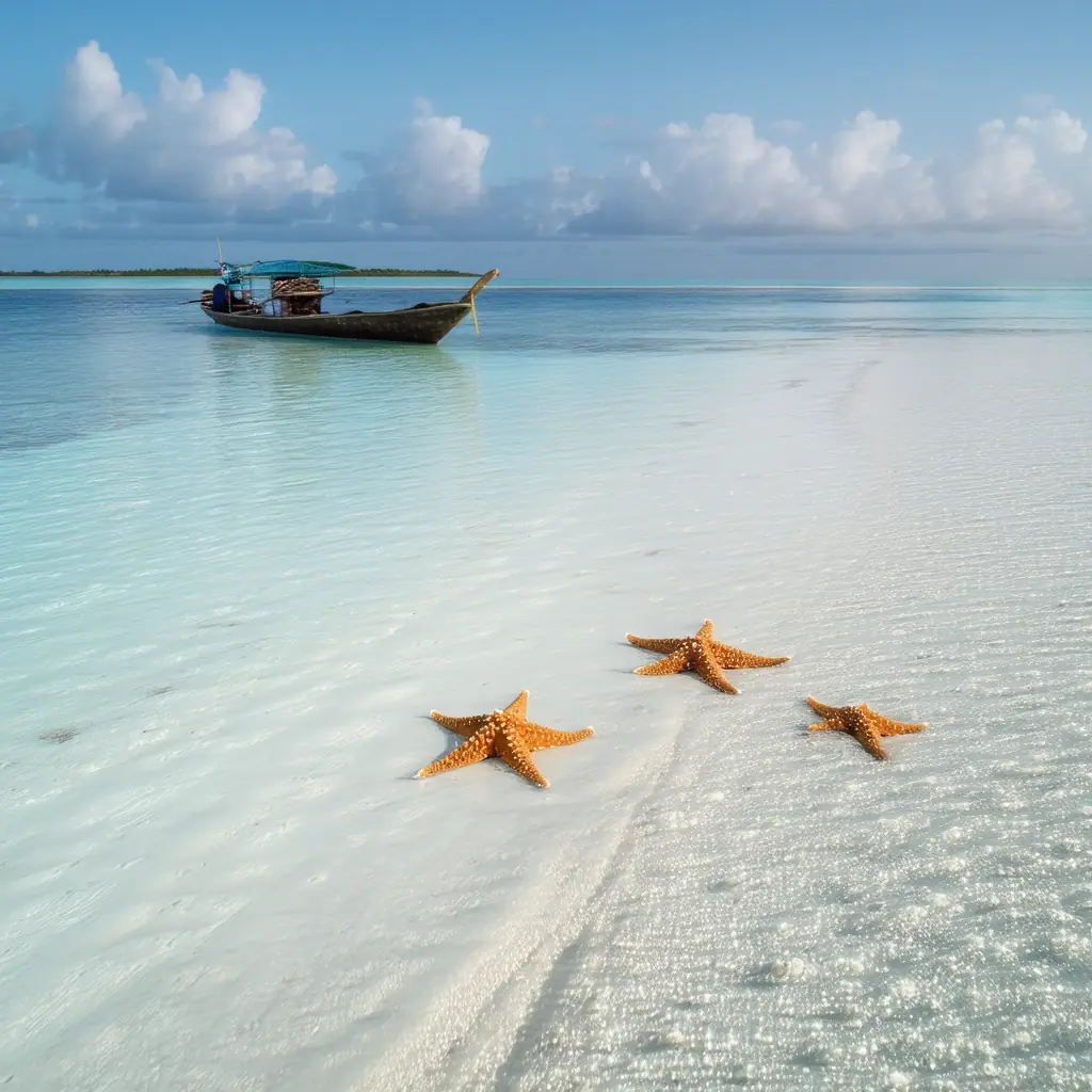 Bantayan Island sandbar at low tide in Cebu, a vast expanse of fine white sand dotted with starfish and clear shallow turquoise water, traditional bangka in the distance under soft morning light