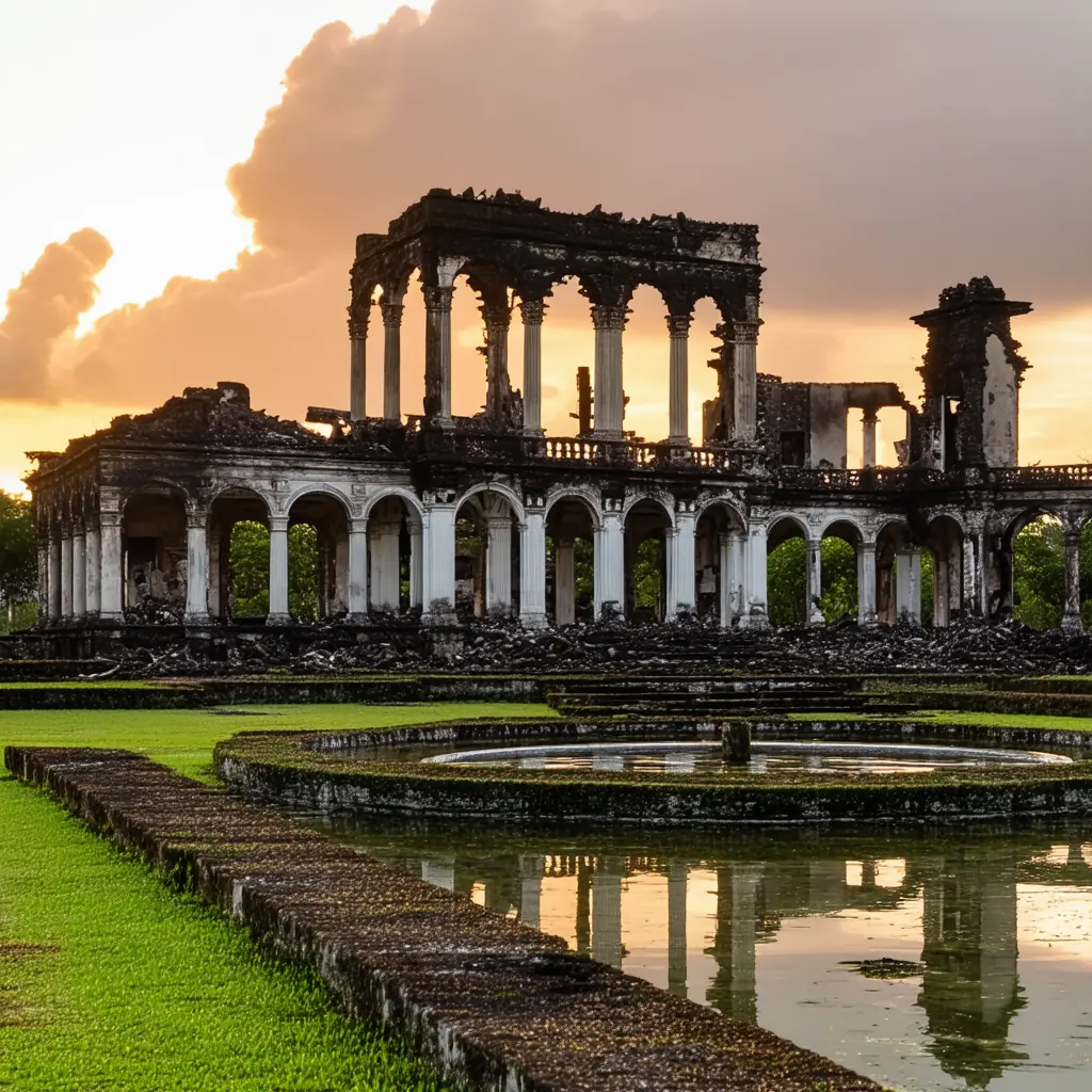 The Ruins mansion at golden hour in Talisay, Negros, the skeletal Italianate columns of the burned 1900s sugar baron mansion silhouetted against a warm sky with manicured gardens and a reflecting pool in the foreground