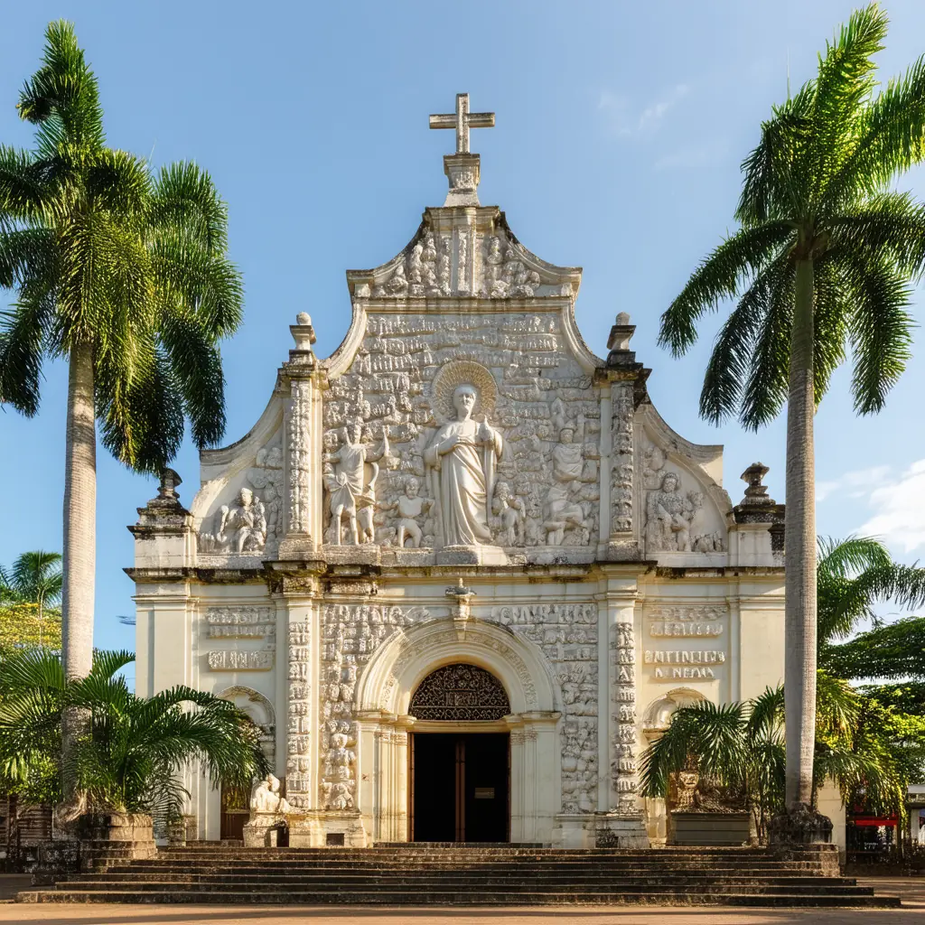 Miag-ao Church facade in Iloilo, the UNESCO earthquake-baroque church with its distinctive carved relief of Saint Christopher amid coconut palms and tropical flora in golden afternoon light