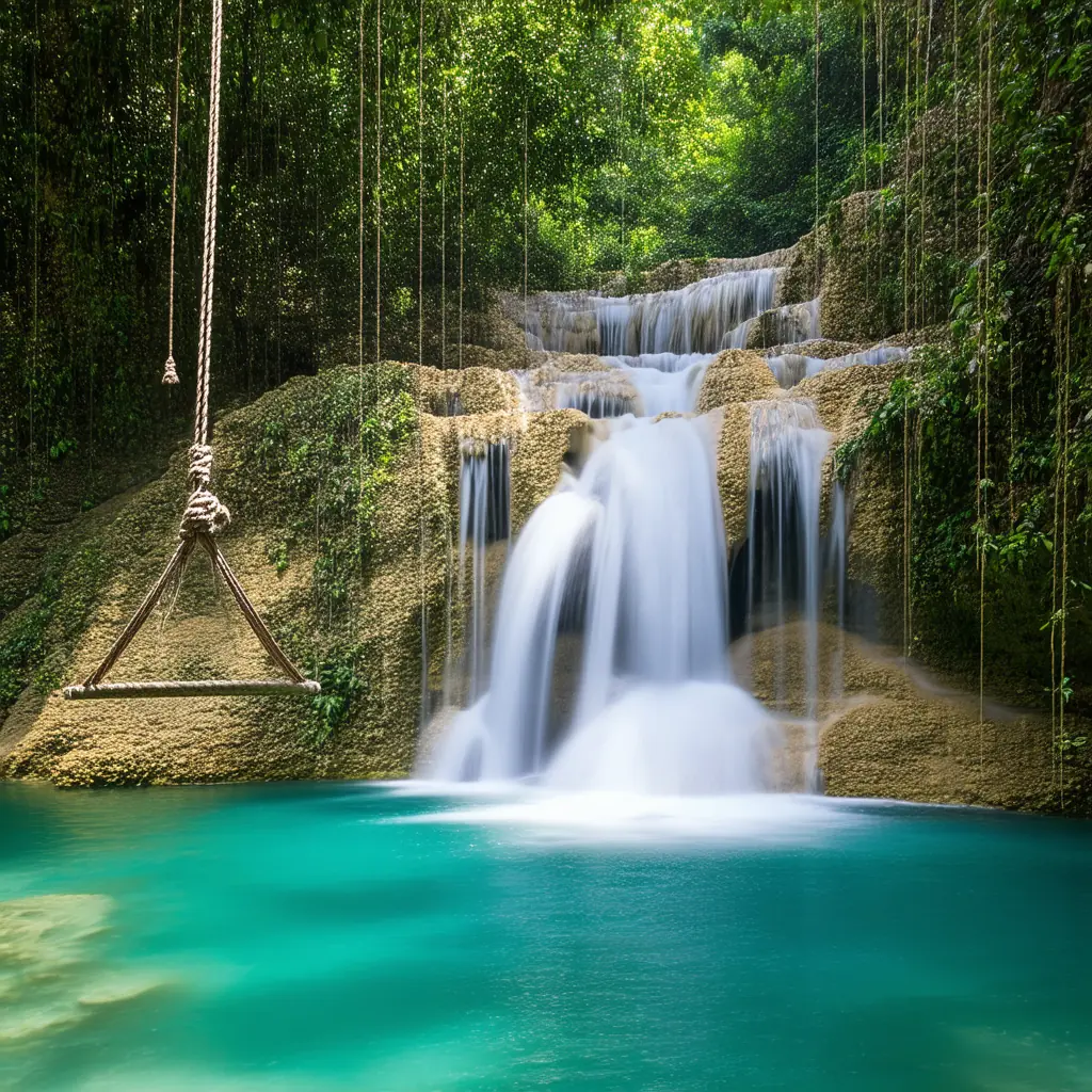 Cambugahay Falls in Siquijor, multi-tiered turquoise cascades surrounded by lush jungle with a vine swing rope hanging above the lower pool in dappled light through the canopy