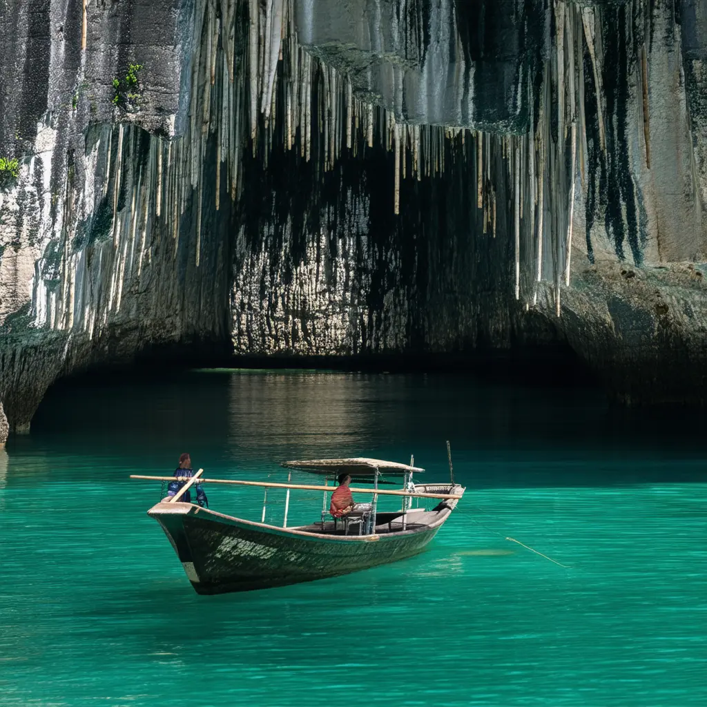 Small Lagoon entrance in El Nido Palawan, a narrow opening between black limestone cliffs leading into a hidden cove with a traditional bangka anchored at the mouth in dappled morning light