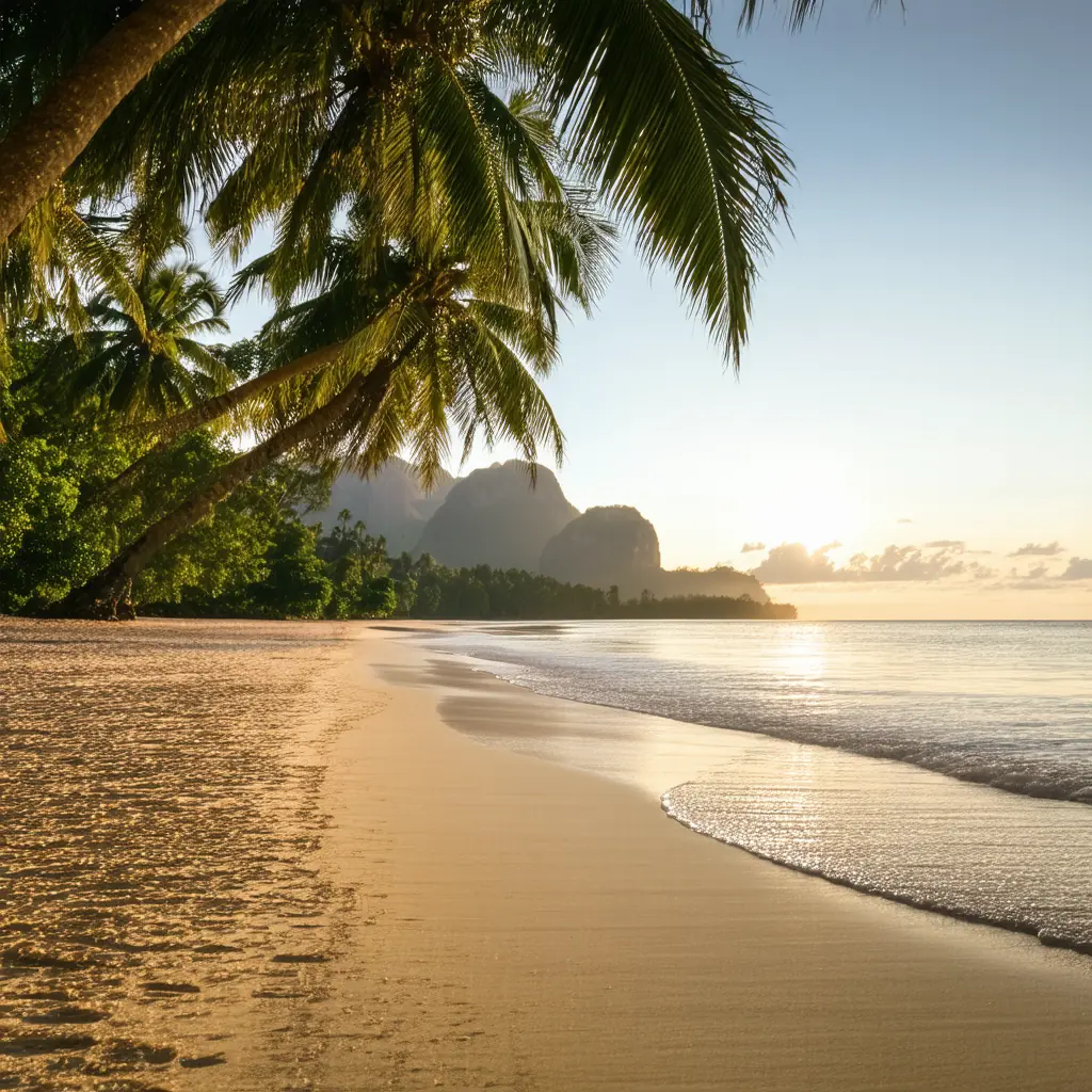 Nacpan Beach at golden hour in El Nido Palawan, a four-kilometer crescent of golden sand fringed by coconut palms with gentle waves rolling in from the West Philippine Sea in warm sunset light