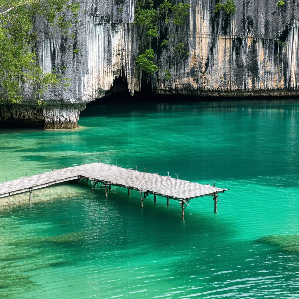 Kayangan Lake in Coron Palawan, a transparent emerald lake encircled by sharp limestone karst cliffs with a wooden viewing platform on the rocky shore in soft midday light