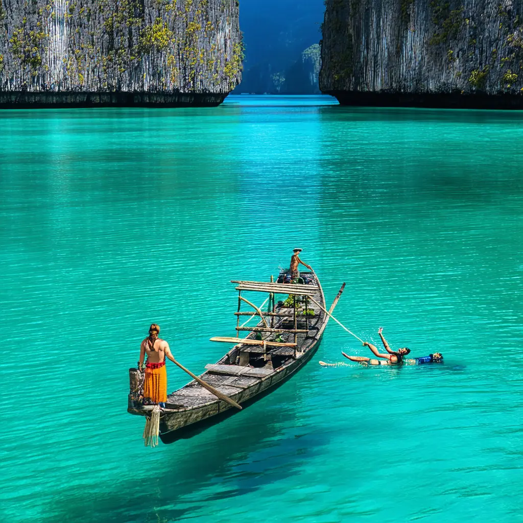 Twin Lagoon in Coron Palawan, a traditional outrigger bangka floating on jade water between two towering karst walls with snorkelers in the clear shallows