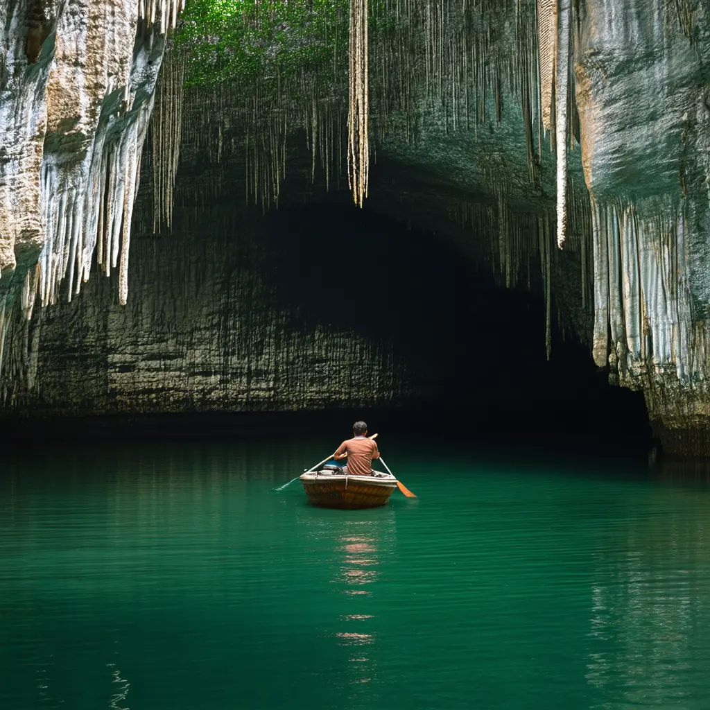 Puerto Princesa Underground River entrance in Palawan, a vast limestone cave mouth opening to a calm lagoon with jungle-covered cliffs above and a paddler in a small wooden boat for scale