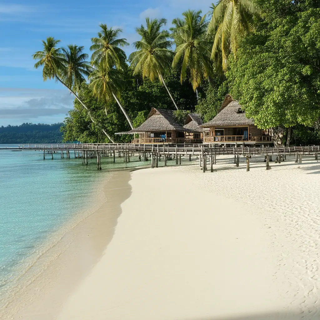 Pearl Farm Beach Resort on Samal Island Davao, traditional stilt cottages over clear turquoise water with a palm-lined white sand beach in soft afternoon light
