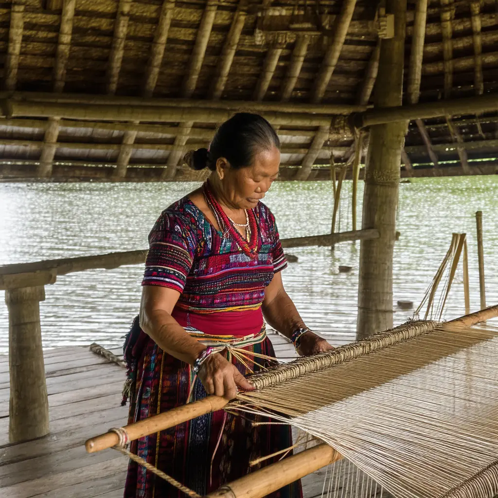 Lake Sebu T'boli longhouse in South Cotabato, a traditional wooden stilt longhouse on the lakeshore with woven palm walls, a T'boli woman in colorful t'nalak ikat dress weaving on a backstrap loom in soft overcast light