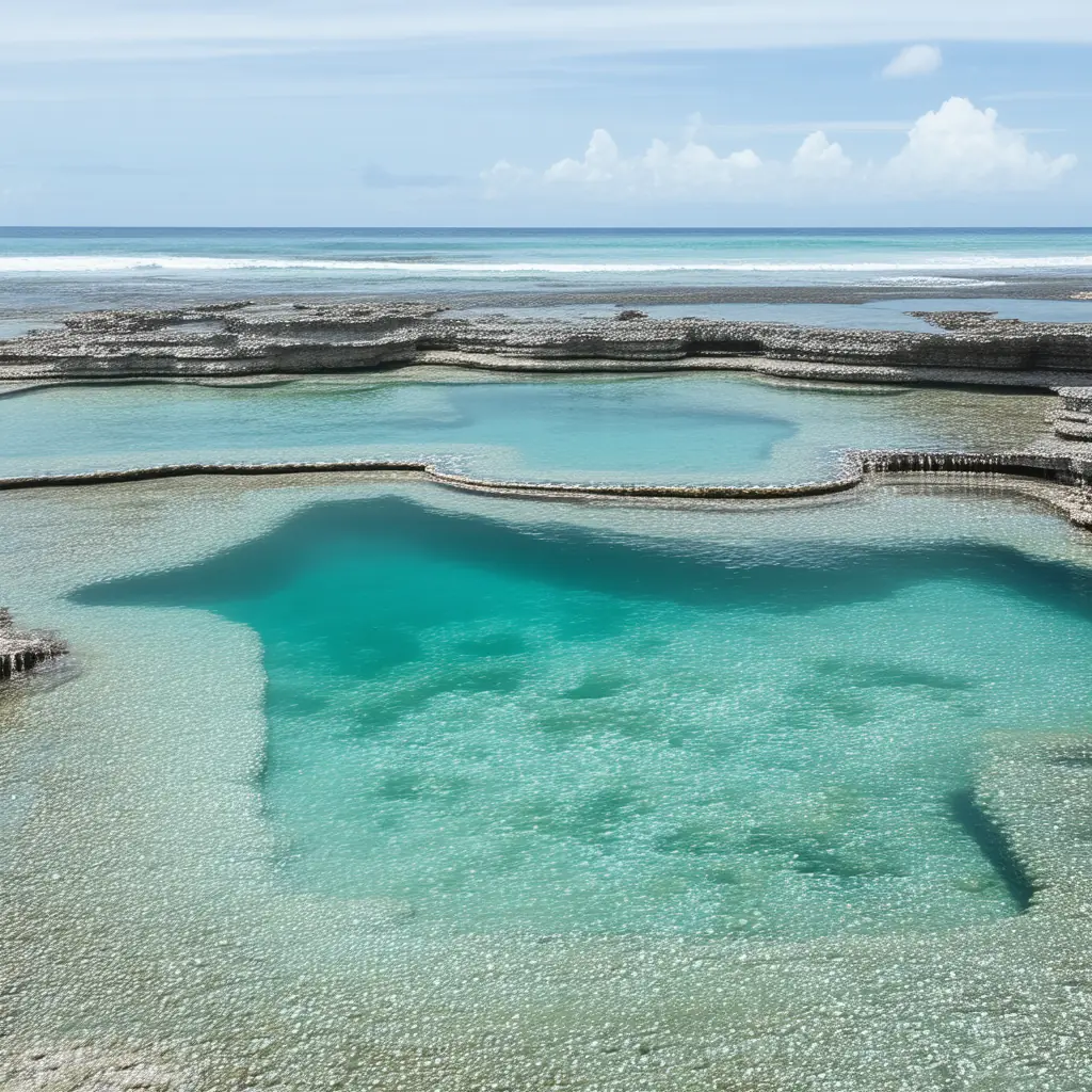 Magpupungko tidal pools in Siargao, large emerald natural pools formed in flat limestone shelves at low tide with gentle waves crashing on the outer reef in hazy midday light