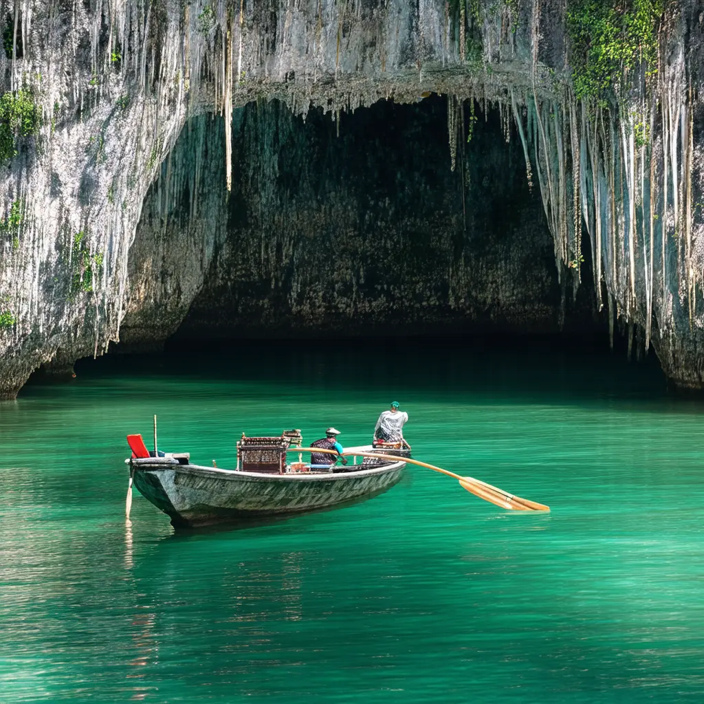 Sohoton Cove enchanted lagoon at Bucas Grande, a traditional bangka gliding through a low natural rock arch into a hidden jade-water lagoon surrounded by dense jungle cliffs in dappled morning light