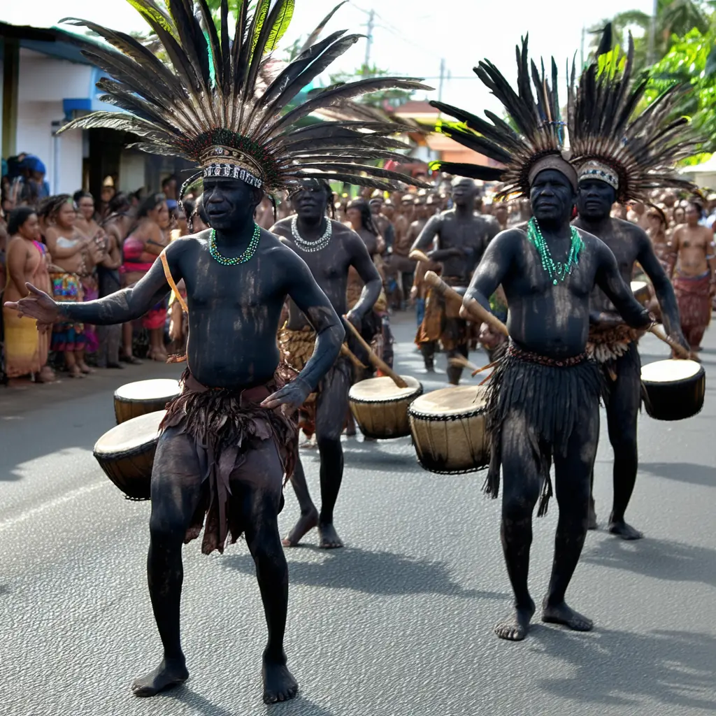 Ati-Atihan Festival street parade in Kalibo Aklan, devotees with soot-blackened bodies and feathered tribal headdresses dancing to drumbeats along a crowded street in vibrant midday light