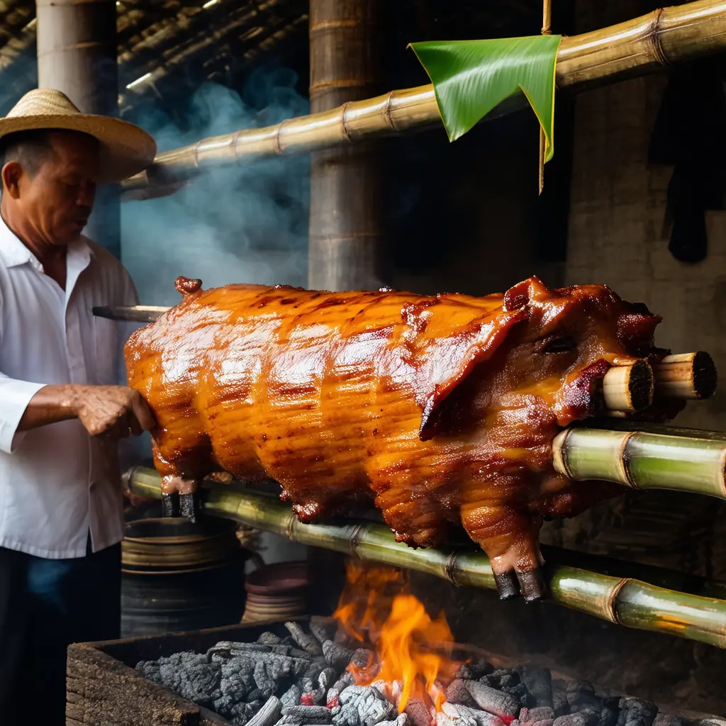 Lechon roasting on a bamboo spit in Cebu, a whole pig with crisp golden-brown skin slowly turning over a charcoal pit, the lechonero basting with a small banana-leaf brush in smoke and warm afternoon light