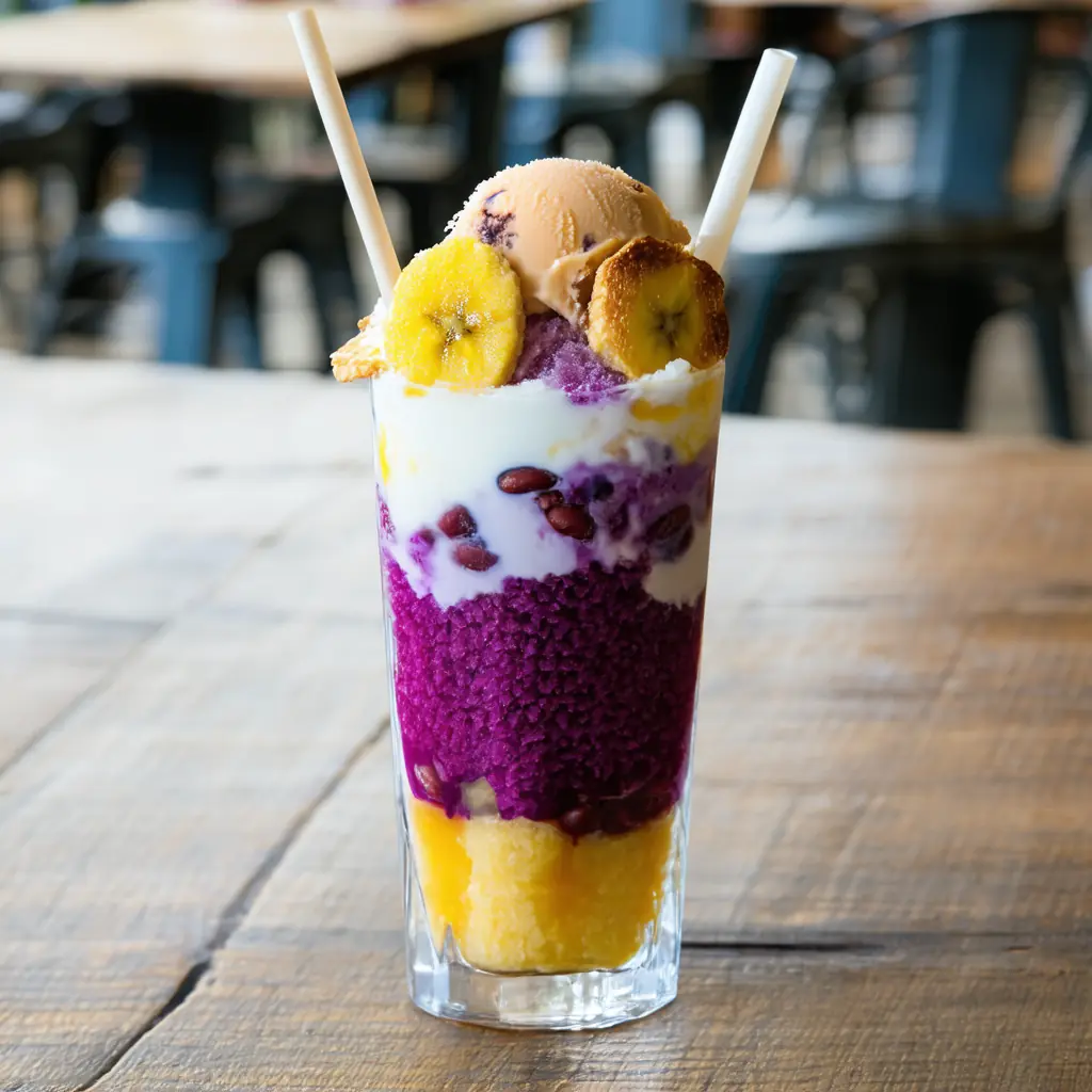 Halo-halo dessert in a tall glass in Manila, layered shaved ice with red beans, sweet plantains, ube ice cream, leche flan, and toasted pinipig served on a wooden tabletop in soft natural light