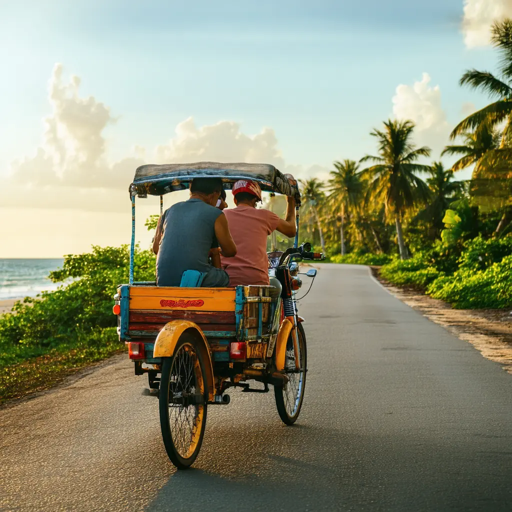 A tricycle on a coastal road in Bohol, a brightly painted motorcycle with sidecar carrying passengers along a palm-lined coastal lane in golden afternoon light