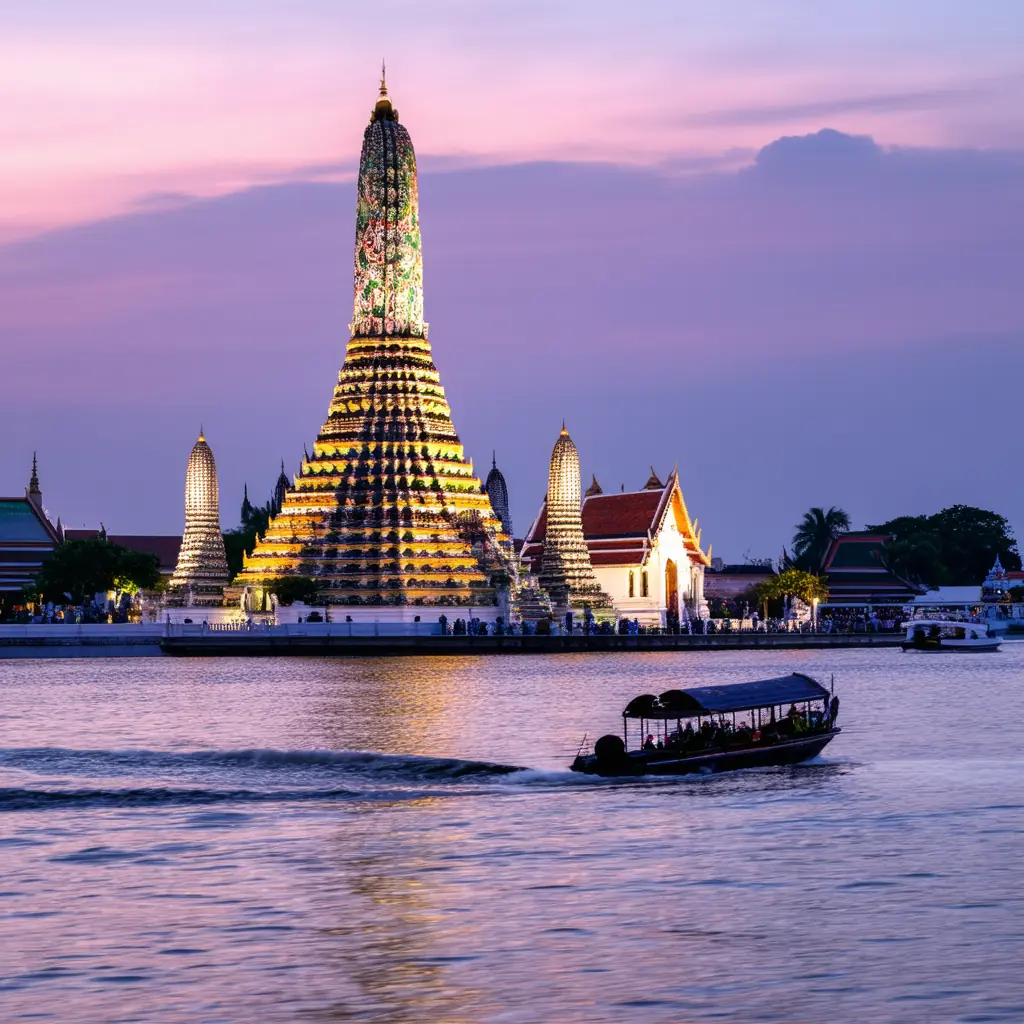 Wat Arun, the Temple of Dawn, at dusk with the towering Khmer-style prang covered in colorful porcelain and seashell mosaic illuminated above the Chao Phraya River under a deep purple twilight sky, long-tail boat passing in the foreground