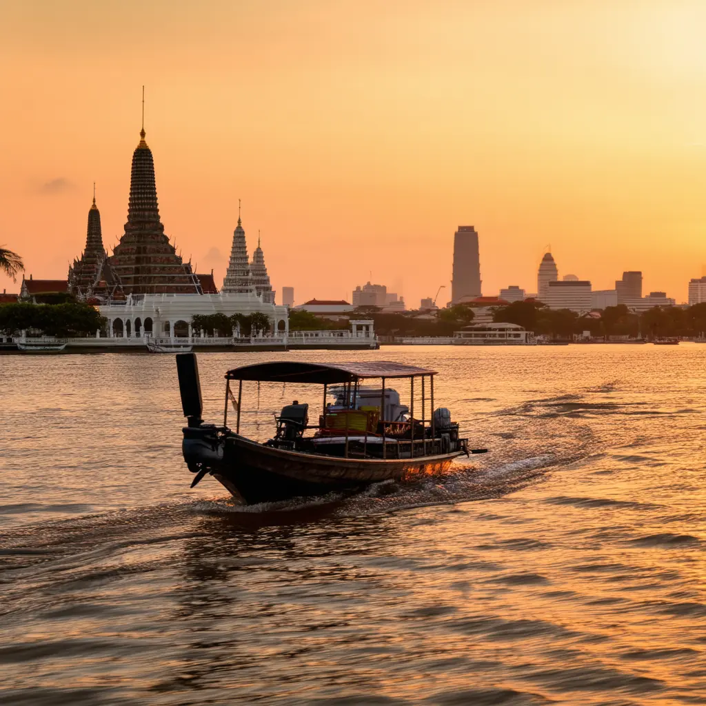 Slender wooden long-tail boat with a roaring outboard engine cutting across the Chao Phraya River at sunset, distant temple spires and the modern Bangkok skyline silhouetted against a fiery orange sky
