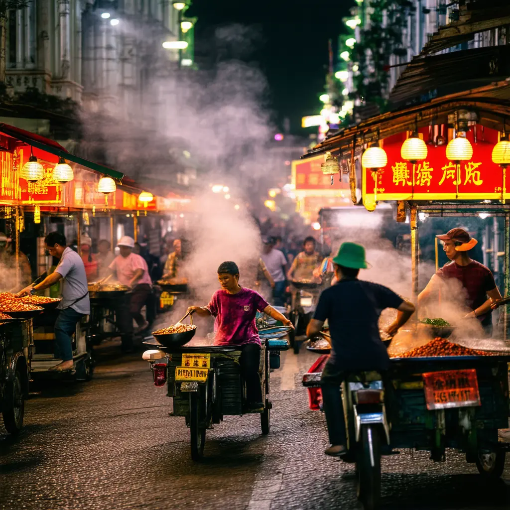 Yaowarat Chinatown at night, narrow street choked with food carts and red-and-gold Chinese signage glowing in neon, dense crowd weaving between tuk-tuks and steam rising from woks