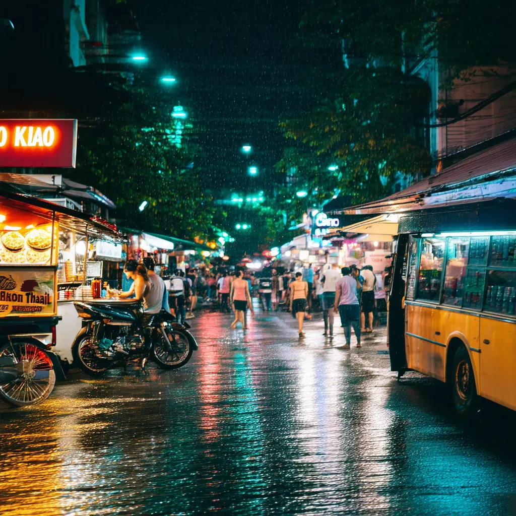 Khao San Road at night, a packed backpacker street lined with pad thai carts, bars, and tattoo parlors, neon signs reflecting on wet pavement after a tropical rain
