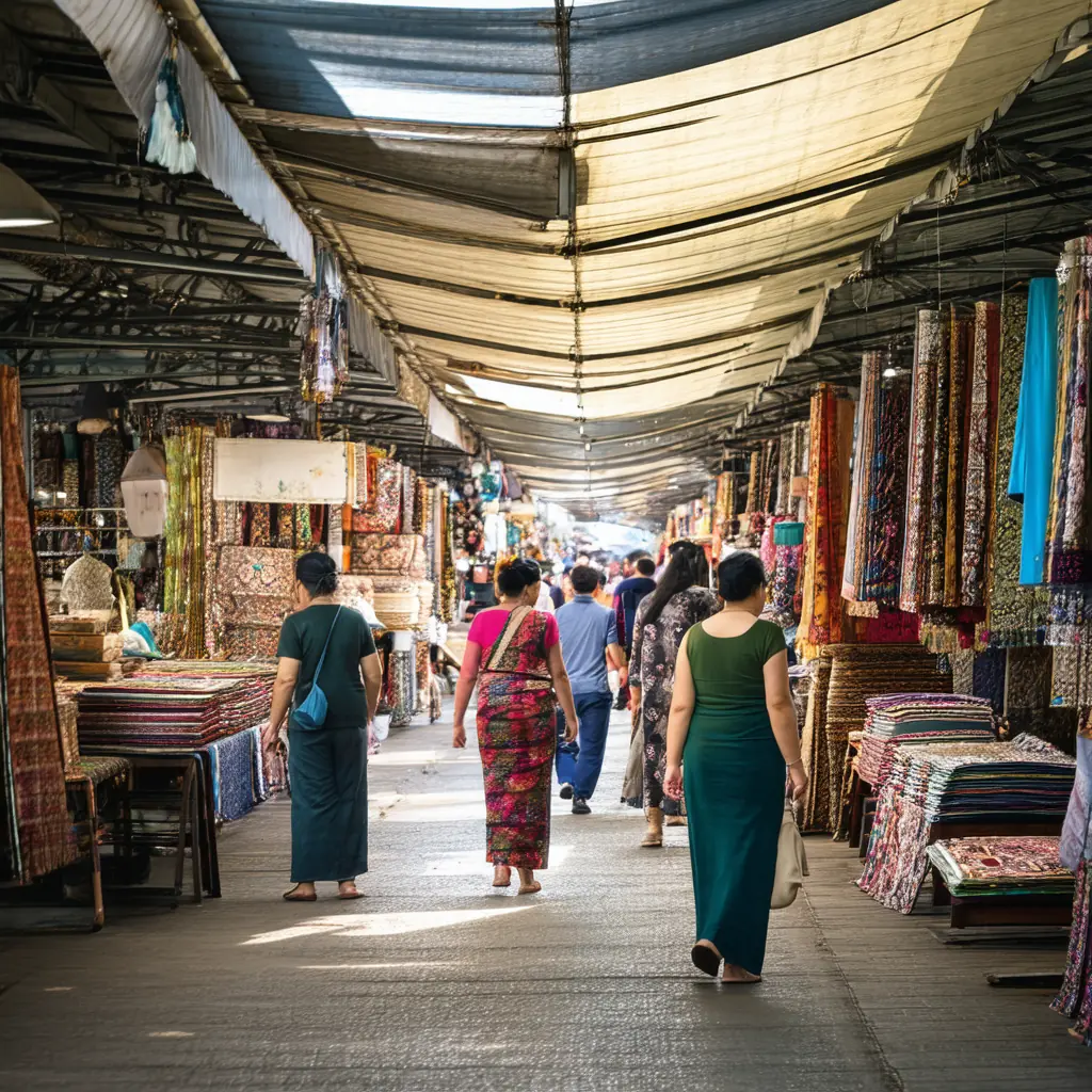 Chatuchak Weekend Market with narrow covered alleys overflowing with textiles, antiques, and street food, hot midday light slipping through tarpaulin roofs as locals and tourists shop shoulder to shoulder