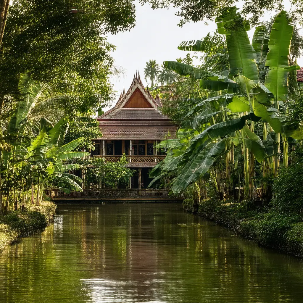 Jim Thompson House garden, a traditional teakwood Thai house surrounded by lush tropical foliage and a quiet klong canal, soft afternoon light filtering through banana leaves