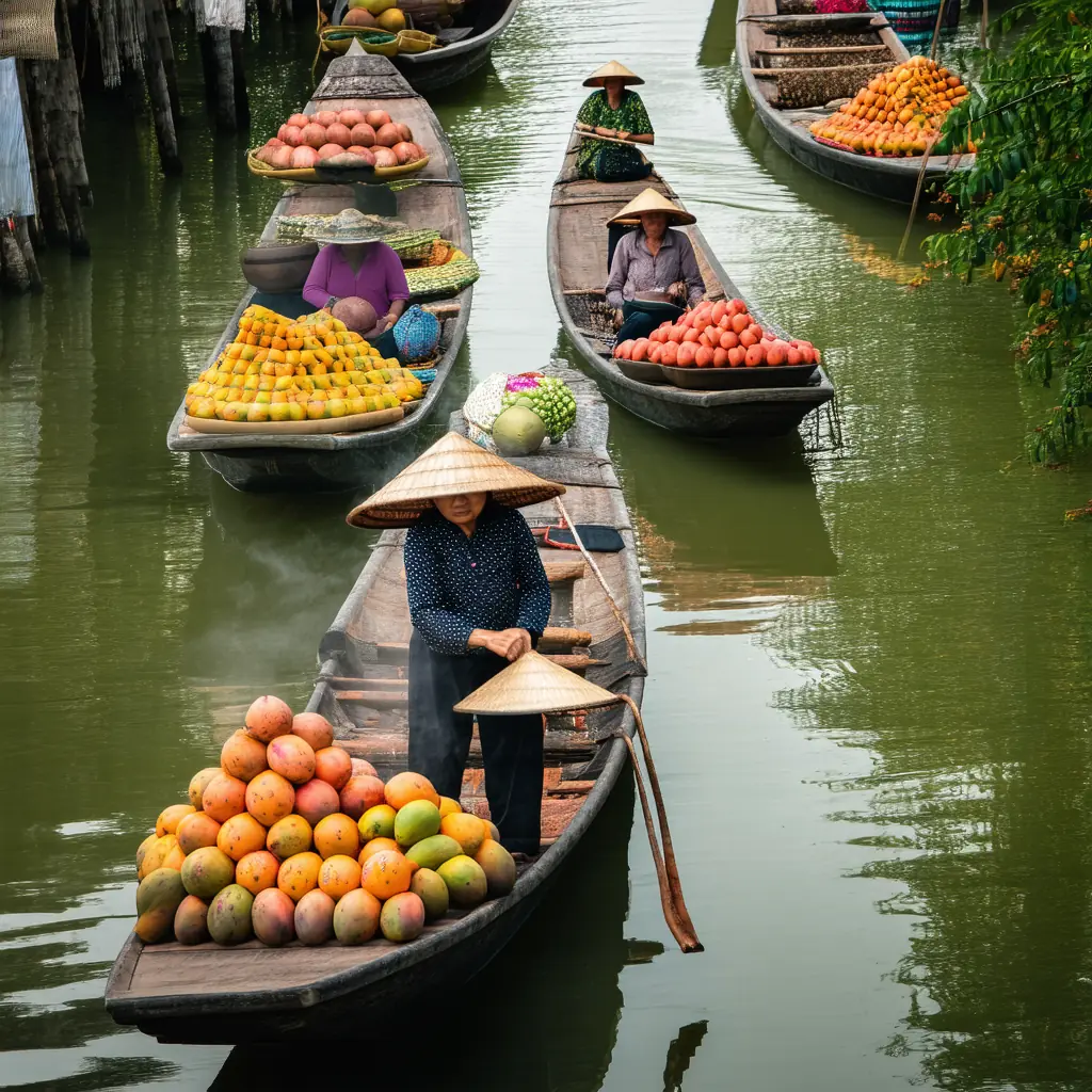 Damnoen Saduak Floating Market in Ratchaburi, wooden sampans laden with mangoes, dragon fruit, and steaming coconut soup, vendors in straw hats trading on a narrow canal in warm morning light, a popular day trip from Bangkok
