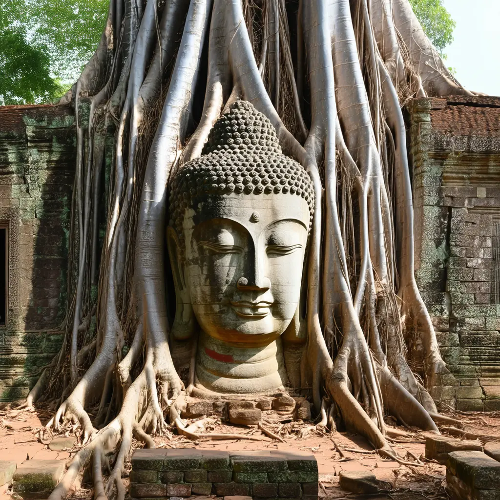 Wat Mahathat in Ayutthaya, a weathered sandstone Buddha head cradled by twisted living banyan tree roots, ancient brick stupa ruins behind in soft afternoon light