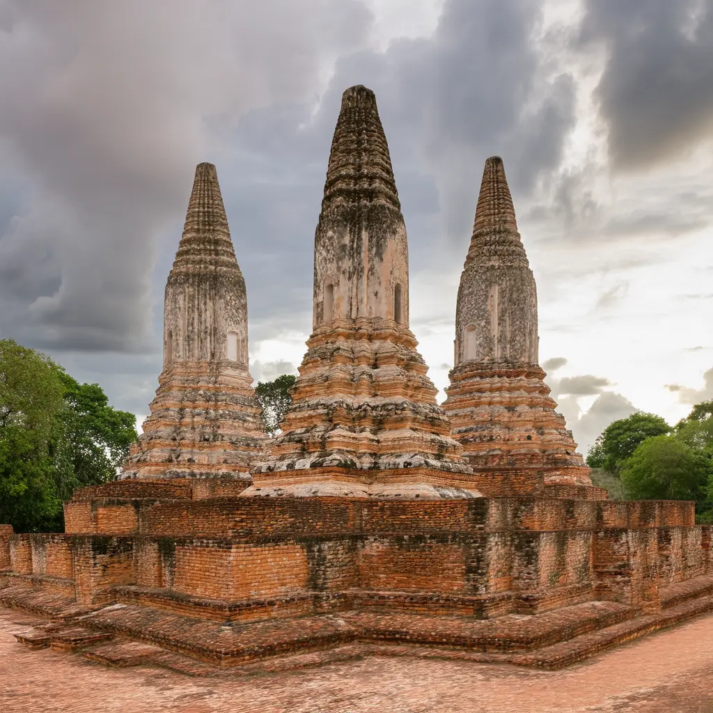 Wat Phra Si Sanphet in Ayutthaya, three restored Sri Lankan-style chedis rising over the crumbling brick foundations of the former royal temple under dramatic late afternoon clouds