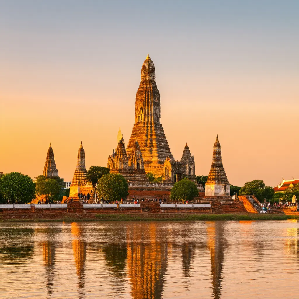 Wat Chaiwatthanaram at sunset, the Khmer-influenced central prang and surrounding stupas reflected in the Chao Phraya River under a warm orange sky with no visitors
