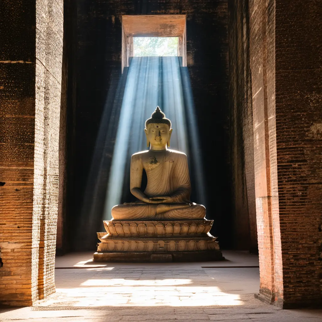 Wat Si Chum giant seated Buddha in Sukhothai, the colossal stucco Buddha glimpsed through a tall narrow opening in a square mondop with weathered walls and a dramatic shaft of daylight