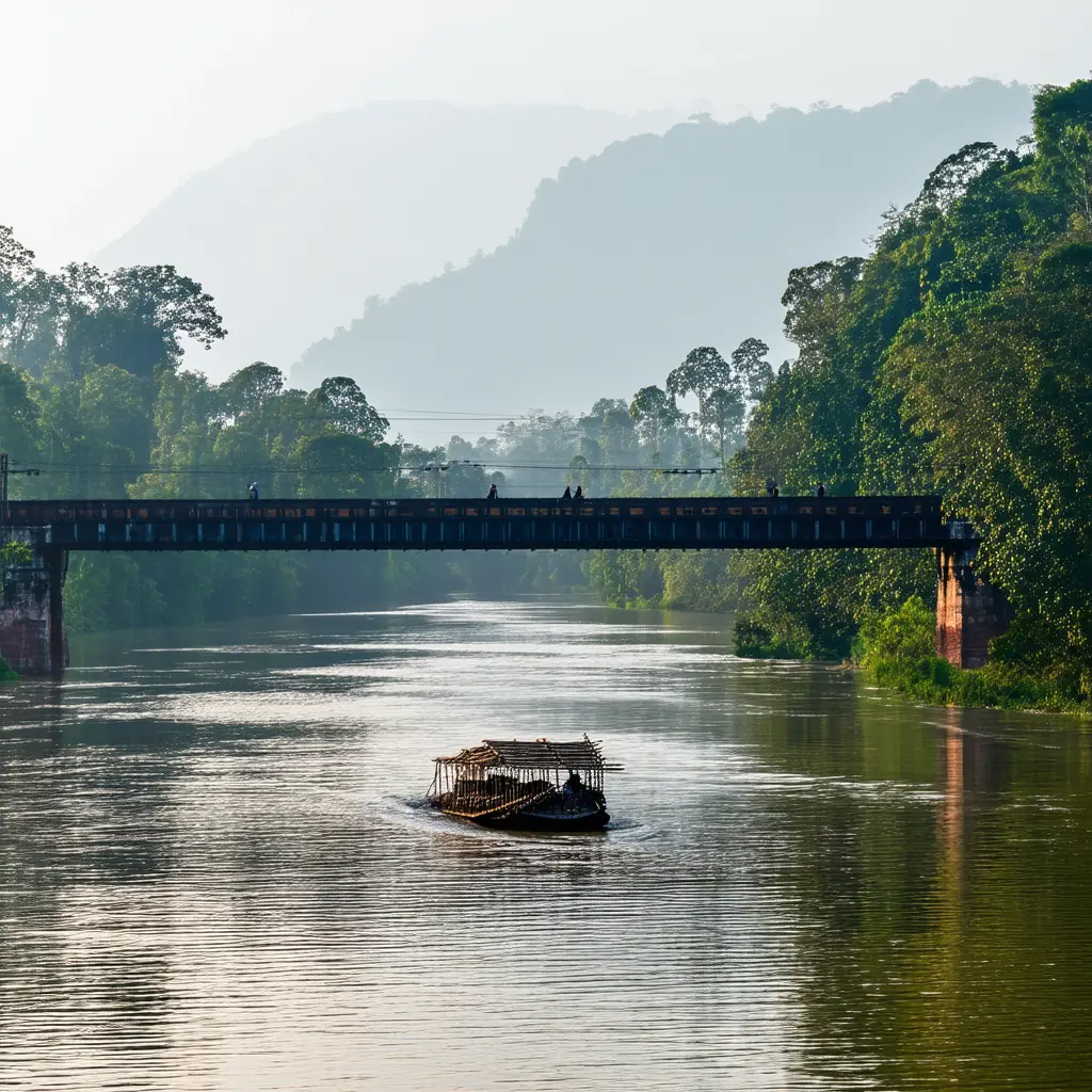 Bridge over the River Kwai in Kanchanaburi, the weathered black steel railway bridge spanning a wide jungle river with a traditional bamboo raft drifting beneath in hazy afternoon light