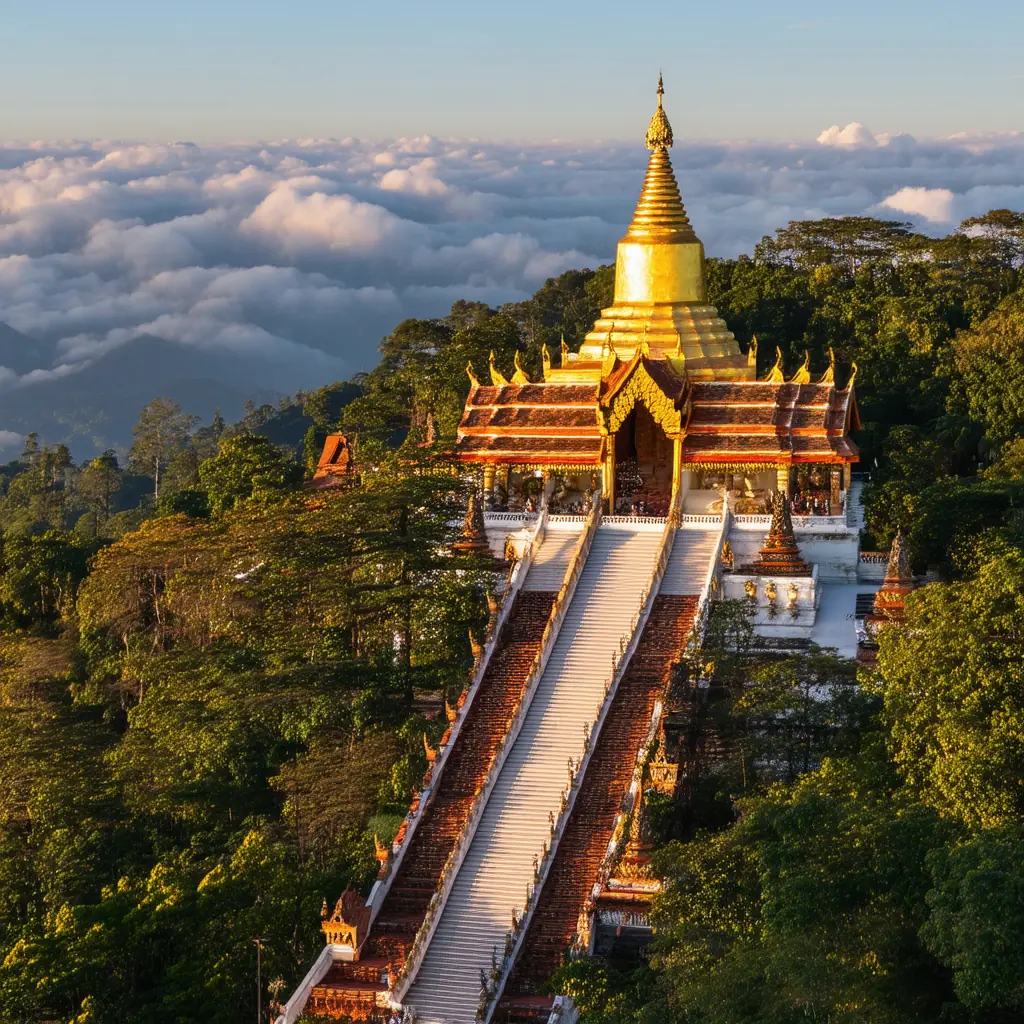 Wat Phra That Doi Suthep at sunrise, the gilded chedi gleaming above clouds rolling over the forested mountainside, naga staircase below in soft golden light