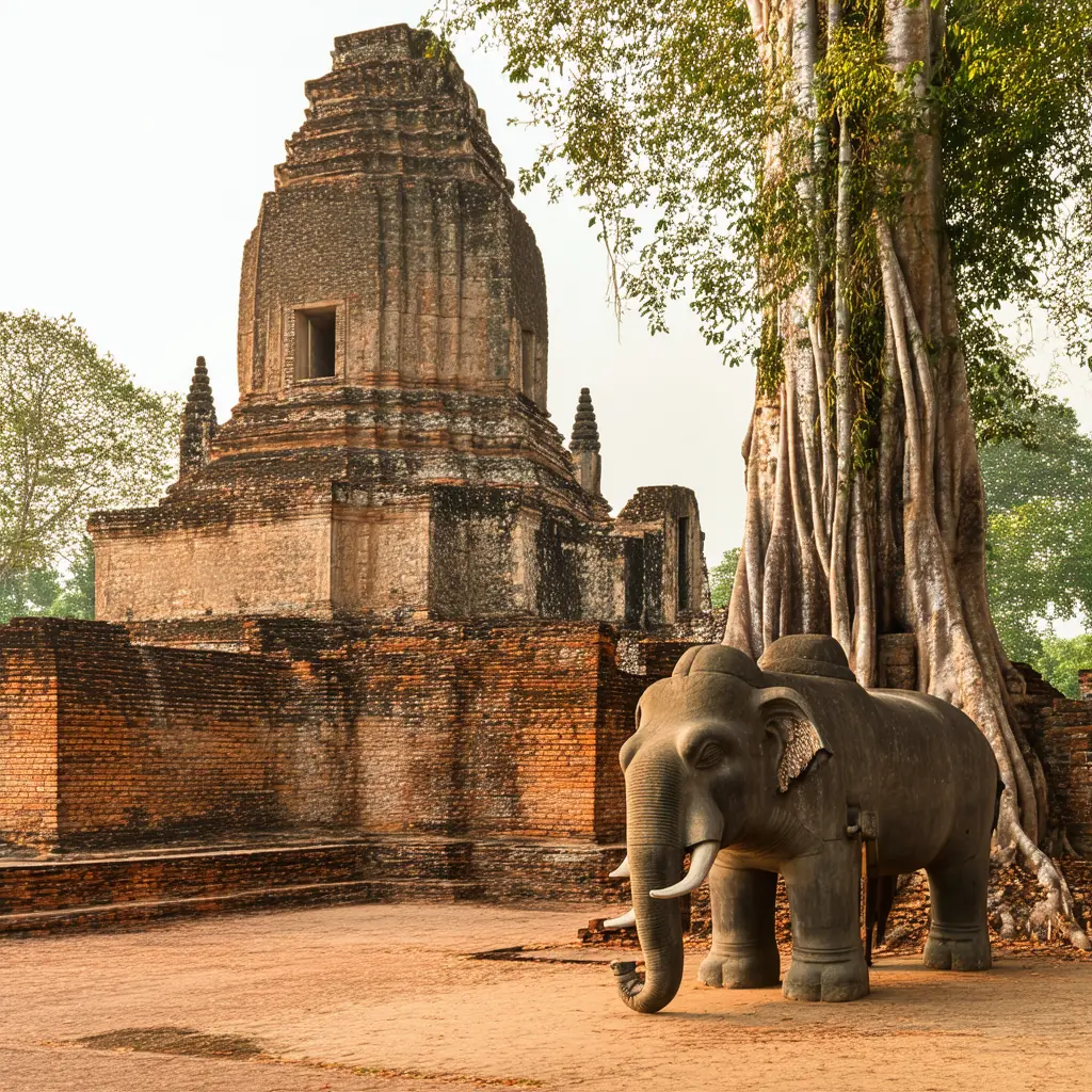 Wat Chedi Luang, the partially ruined fifteenth-century brick chedi guarded by stone elephants, ancient bodhi tree in the foreground, warm afternoon light