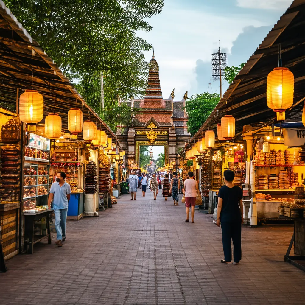 Sunday Walking Street on Ratchadamnoen Road, a lantern-lit pedestrian street lined with handicraft stalls and street food vendors with a glowing temple gate at the end of the lane