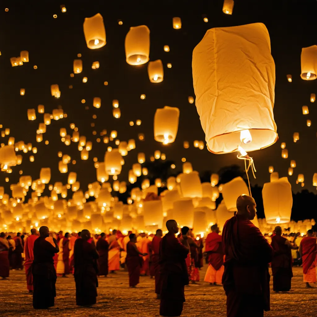Yi Peng Festival sky lanterns, thousands of glowing paper lanterns rising into the night sky over a torch-lit clearing with faint silhouettes of monks and devotees below