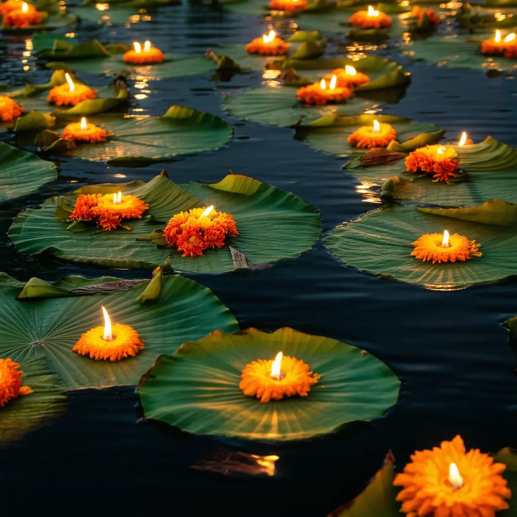 Loy Krathong floating krathongs on the Ping River, banana-leaf offerings adorned with marigolds and lit candles drifting on dark water with warm reflections on the surface