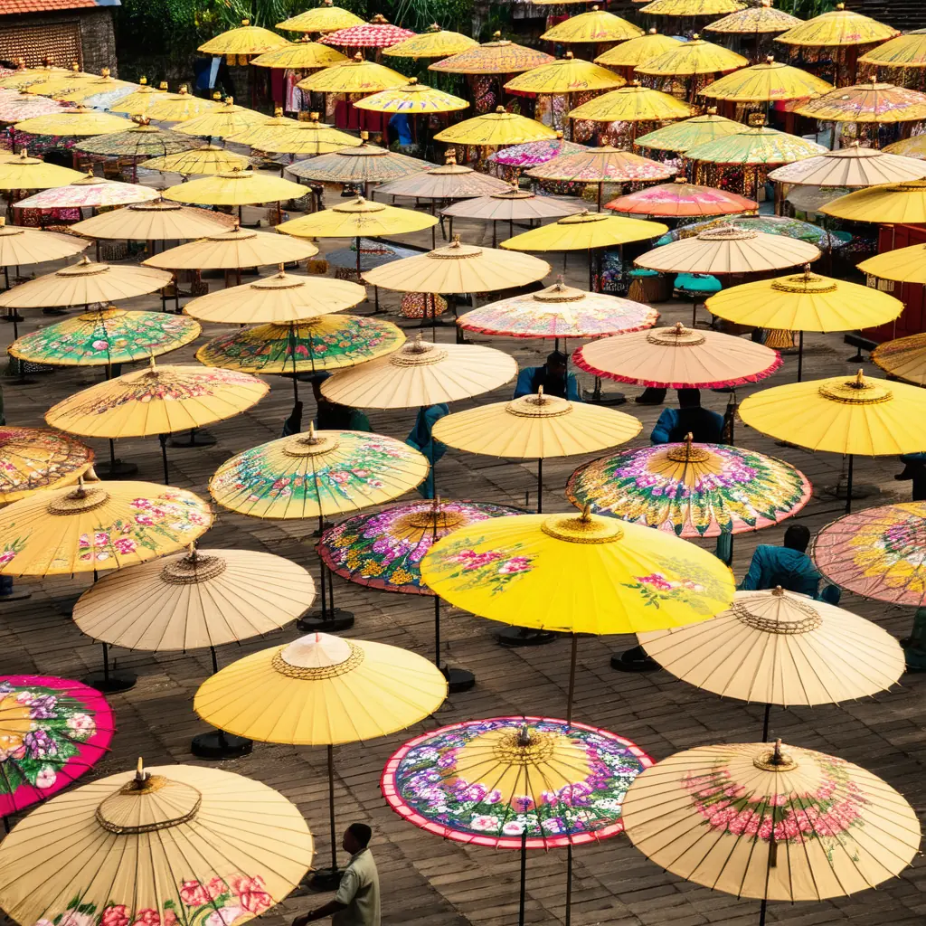 Bo Sang paper umbrella village near Chiang Mai, rows of brightly painted handcrafted parasols drying in the sunshine outside a traditional teak workshop, an artisan applying floral patterns