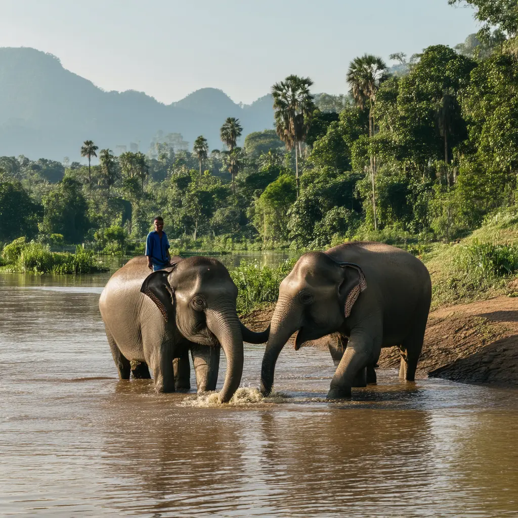 Karen elephant sanctuary in Mae Taeng, two rescued Asian elephants bathing in a shallow river surrounded by jungle, mahout in traditional indigo shirt watching from the bank in soft morning light