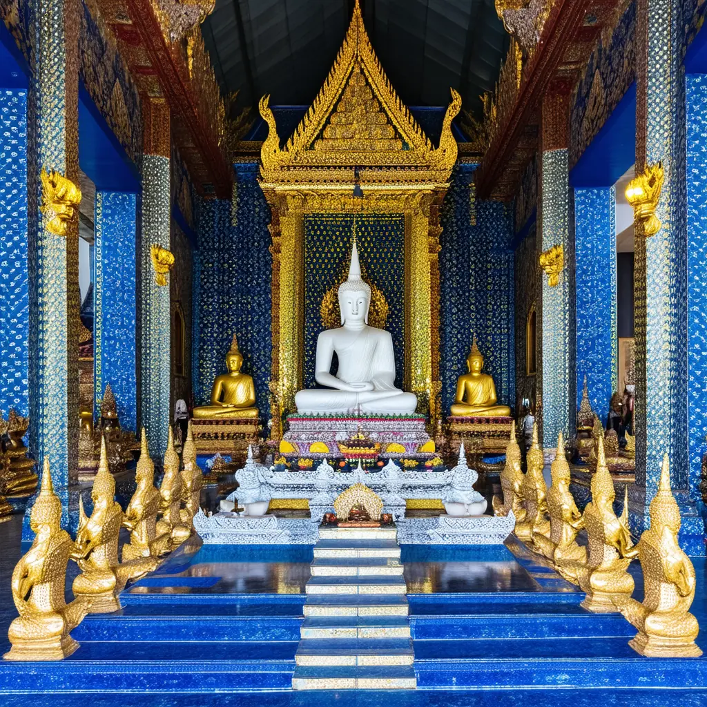 Wat Rong Suea Ten Blue Temple interior in Chiang Rai, deep cobalt-and-gold ordination hall with a luminous white seated Buddha and intricate painted murals in atmospheric warm lighting