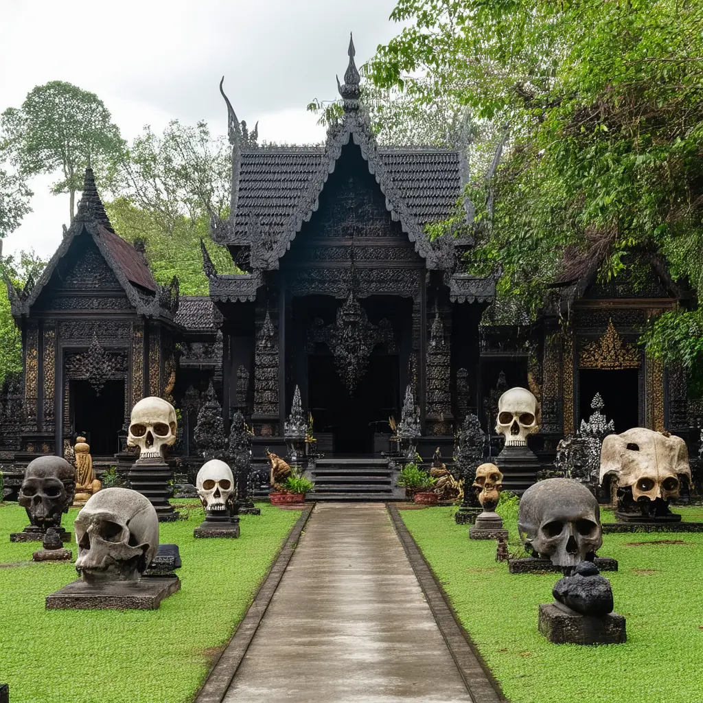 Baan Dam Black House compound in Chiang Rai, dark teak temple-like buildings surrounded by skulls, animal hides, and sculptural taxidermy in a manicured garden under overcast afternoon light