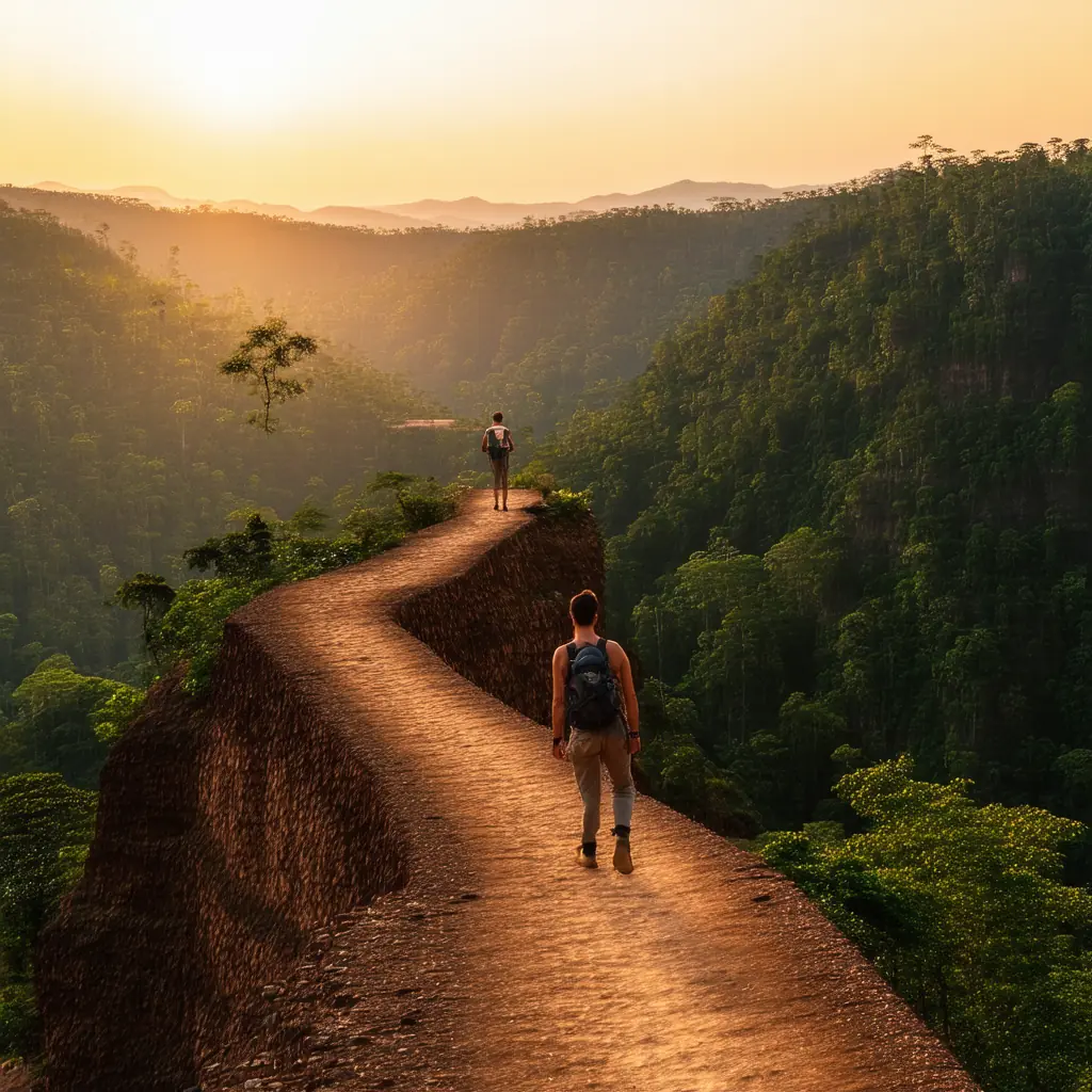 Pai Canyon at sunset in Mae Hong Son, narrow earthen ridges winding above forested valleys with a lone hiker silhouetted on a knife-edge spur under a warm golden sky
