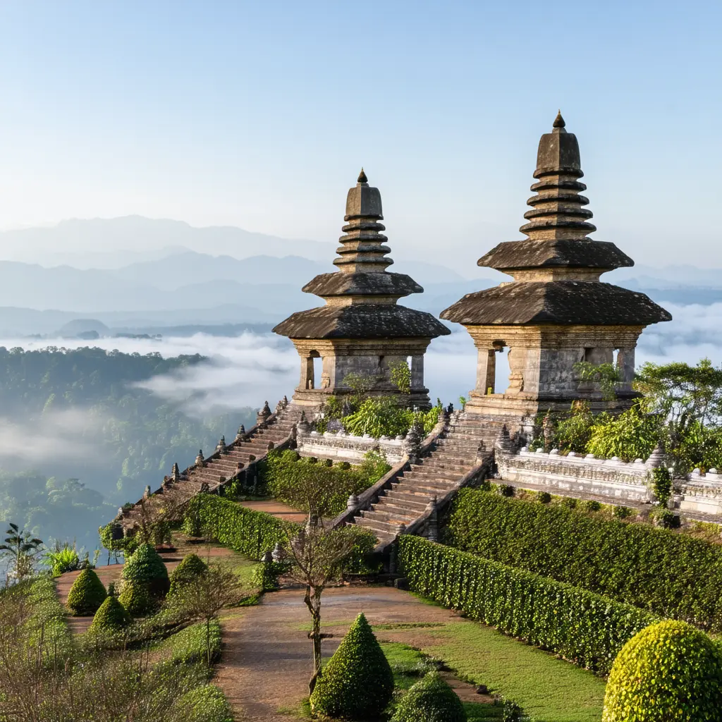 Doi Inthanon twin royal pagodas, the stone Naphamethanidon and Naphaphonphumisiri chedis on a misty highland ridge with manicured gardens in soft cool morning light