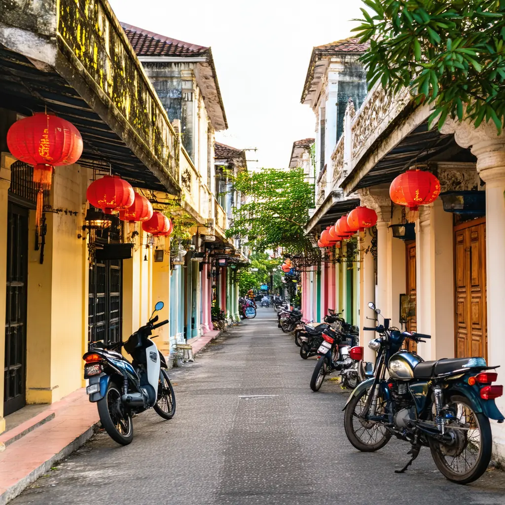Old Phuket Town's narrow Soi Romanee street lined with pastel Sino-Portuguese shophouses and red lanterns, vintage motorbikes parked along the sidewalk in warm late-afternoon light