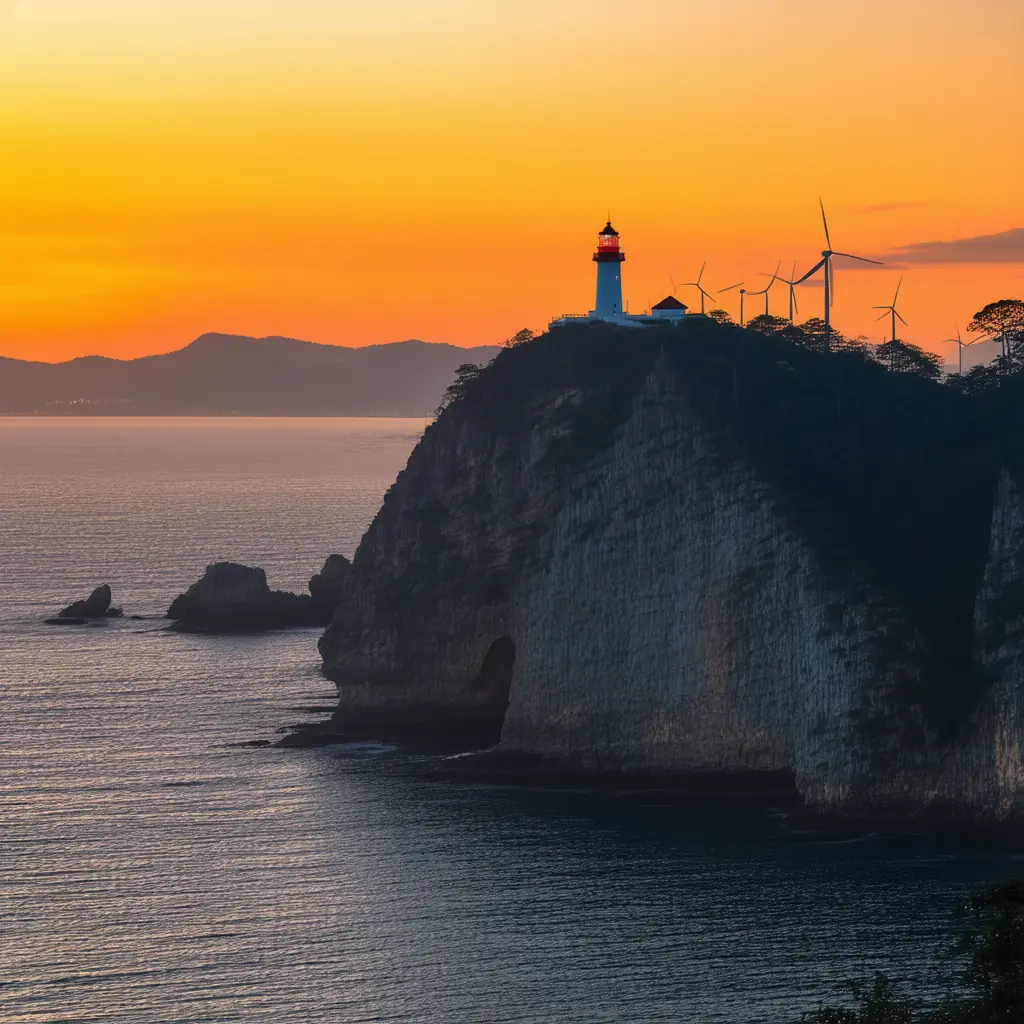 Promthep Cape at sunset, the rocky headland and lighthouse silhouetted against a fiery orange Andaman Sea, scattered windmills on the ridge