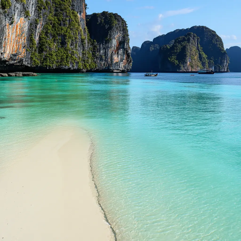 Maya Bay on Phi Phi Leh, a crescent of fine white sand enclosed by sheer jungle-covered cliffs over brilliant aquamarine water with no boats in soft early morning light