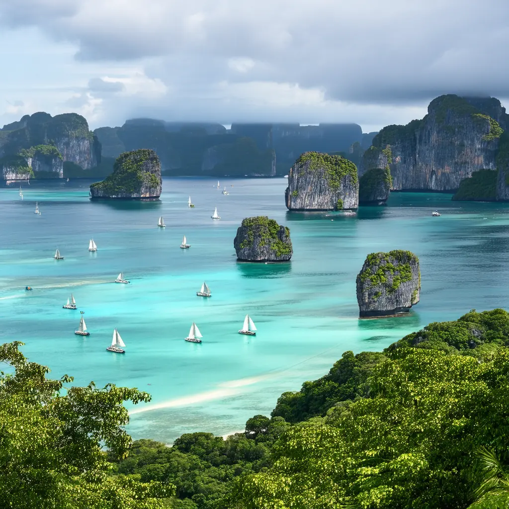 Phi Phi Islands viewpoint, panoramic view of the twin emerald bays and the narrow isthmus connecting Phi Phi Don, sailboats in the distance under dramatic afternoon clouds