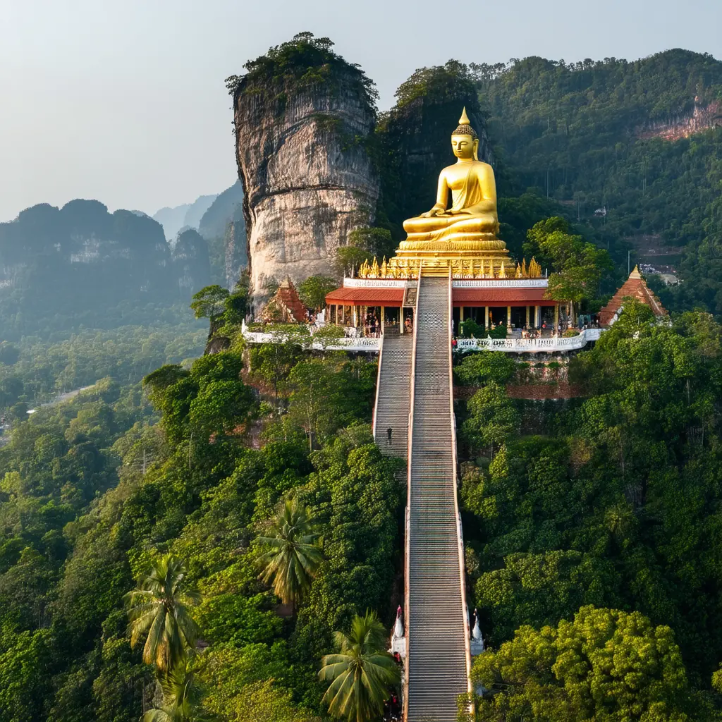 Tiger Cave Temple summit in Krabi, the golden Buddha shrine atop the steep limestone karst reached by 1,237 stairs, panoramic view of forested hills and rivers below in hazy morning light